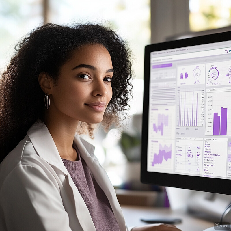 A woman in a lab coat sits at a desk with two computer monitors displaying various graphs and charts.