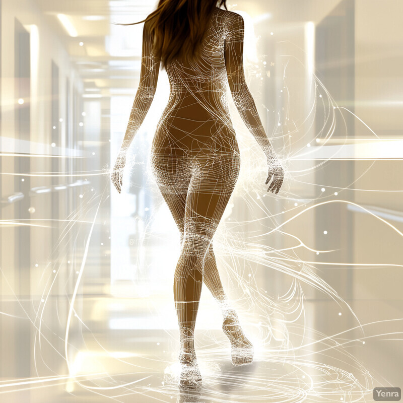 A woman with a transparent body walking down an office hallway.