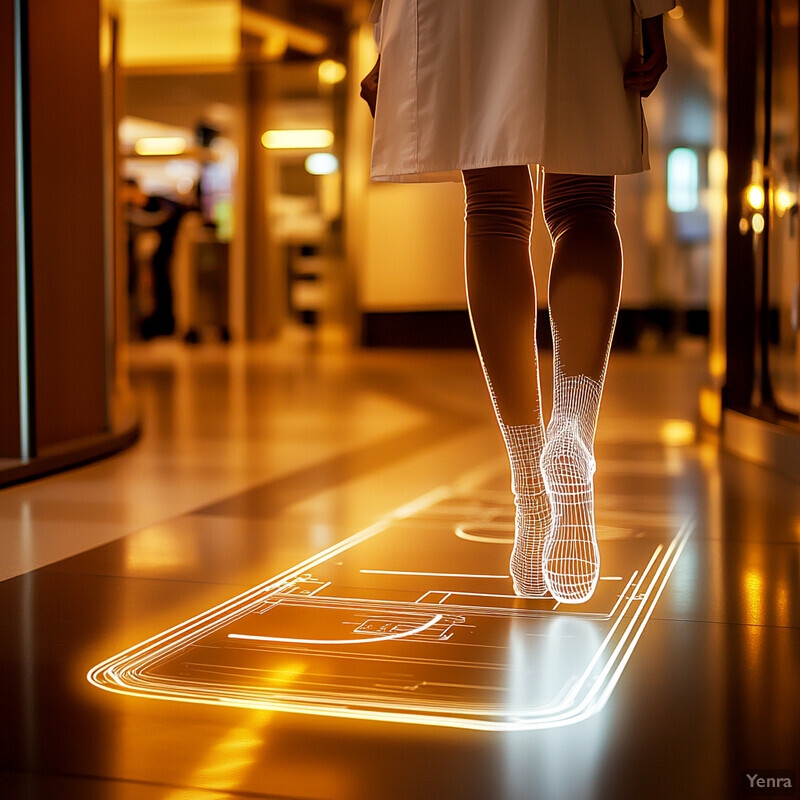 A person walks on a glowing orange rectangle with white lines and symbols, possibly using technology to analyze or monitor something.