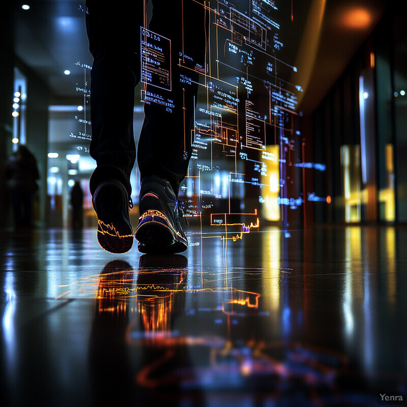 A person walking in a dark room with their feet visible from the knees down, wearing black pants and shoes.