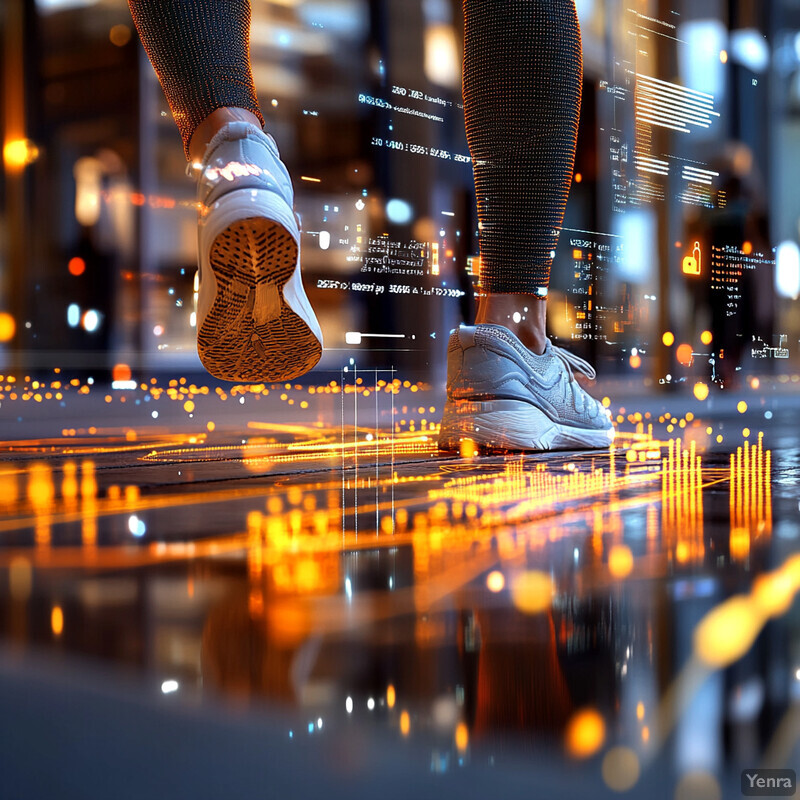 A person's feet and legs in white sneakers and black leggings walking on a city street or sidewalk at night.