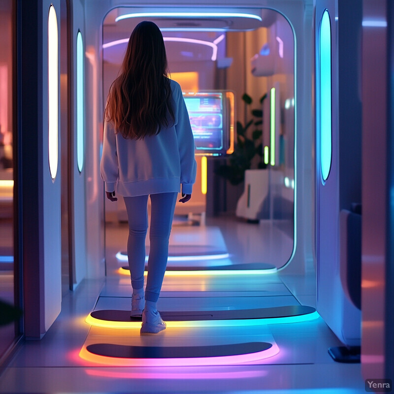 A woman walks through a futuristic-looking hallway with neon lights and mirrors on either side.