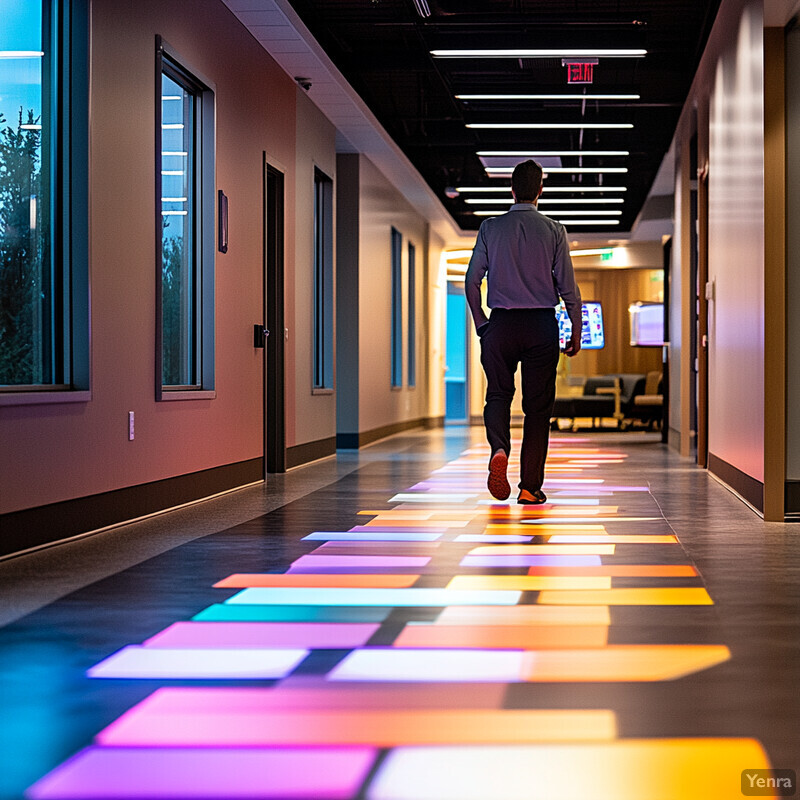 A person walking down a hallway with a colorful floor design.