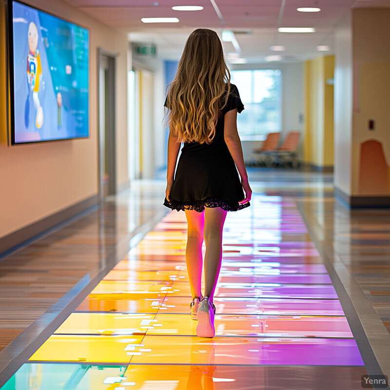 A woman walks down a hallway with a colorful floor, surrounded by modern technology.