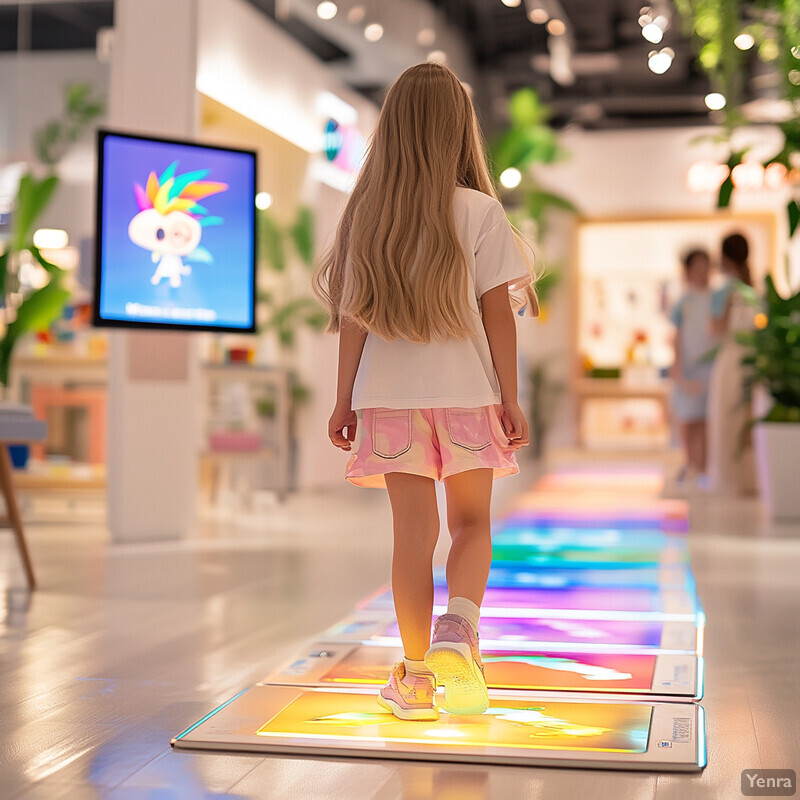 A young girl with long blonde hair walks on a colorful floor mat in an indoor setting.