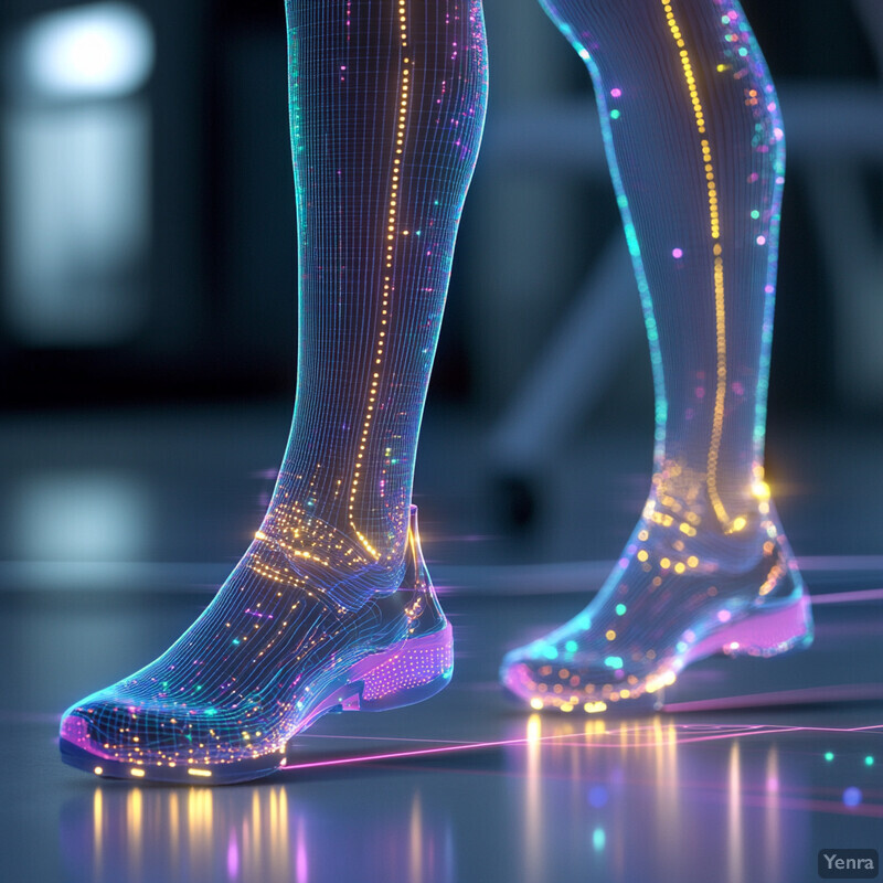 Two pairs of legs clad in futuristic, high-tech boots with glowing lights.