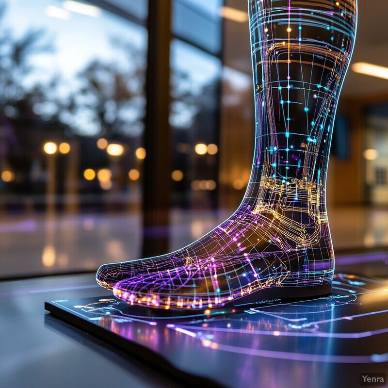 A futuristic-looking leg with a complex network of lines and dots superimposed on it, positioned in front of a blurred office background.