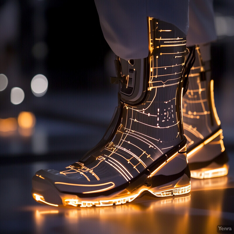 A person wearing futuristic-looking boots with glowing yellow lines and lights, integrated with robotic exoskeletons.