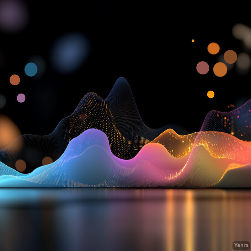 The image showcases a dynamic data visualization with purple and orange colors, featuring abstract shapes and intricate details.