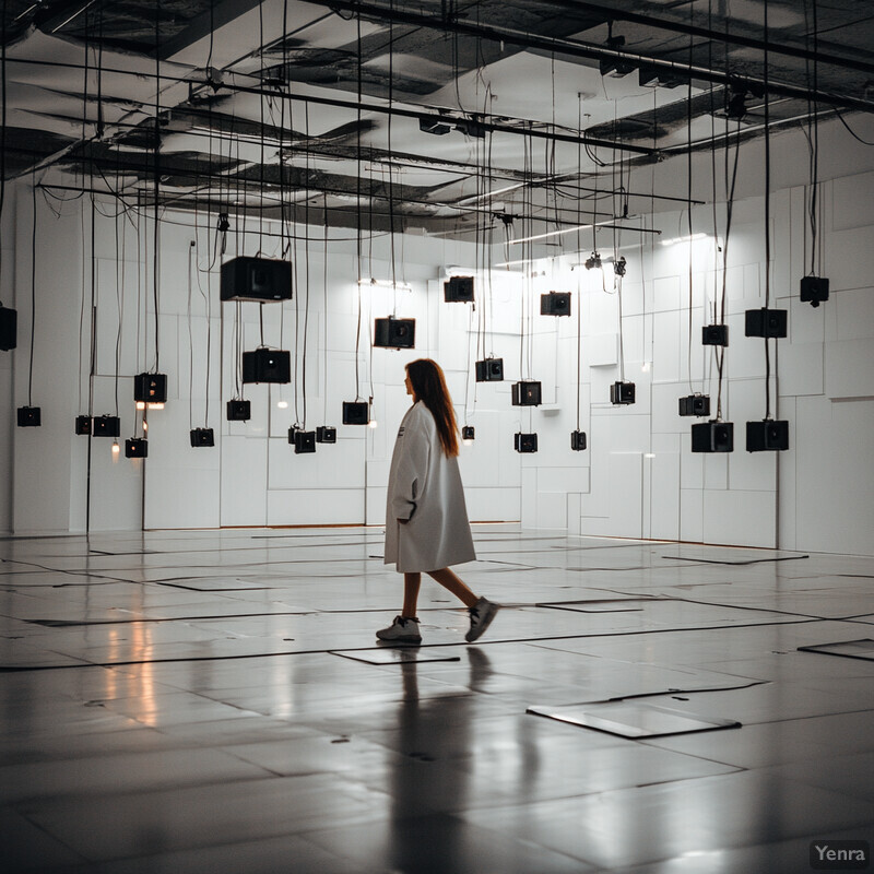 A woman in a white coat walks through an art installation featuring suspended black boxes with glowing red lights.