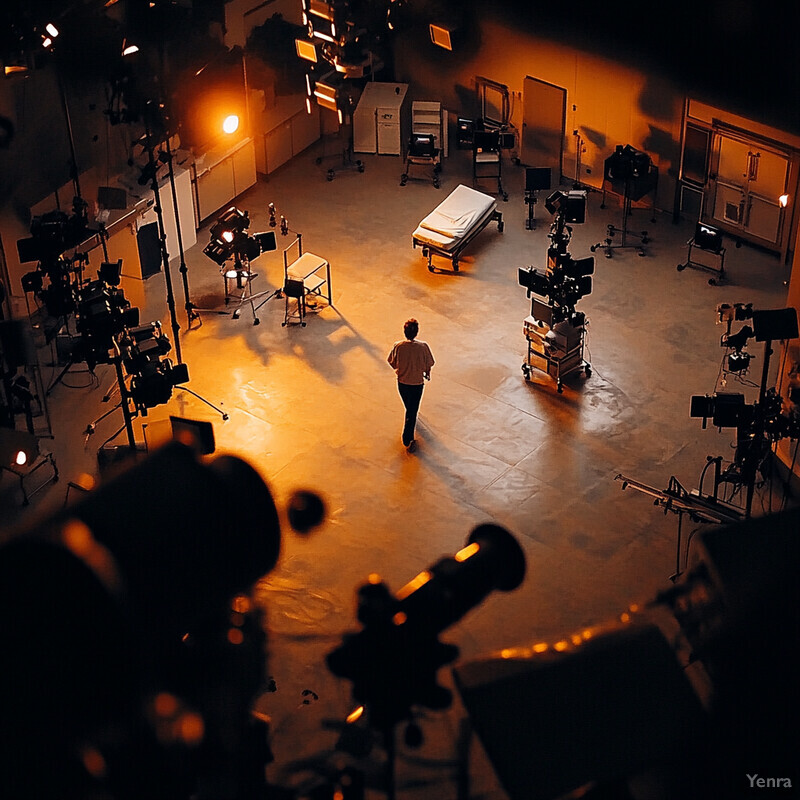 A person walks through a film or TV studio with cameras and lights set up.