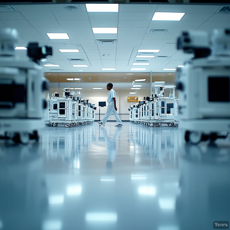 A large room with rows of wheeled carts or machines and a polished concrete floor.