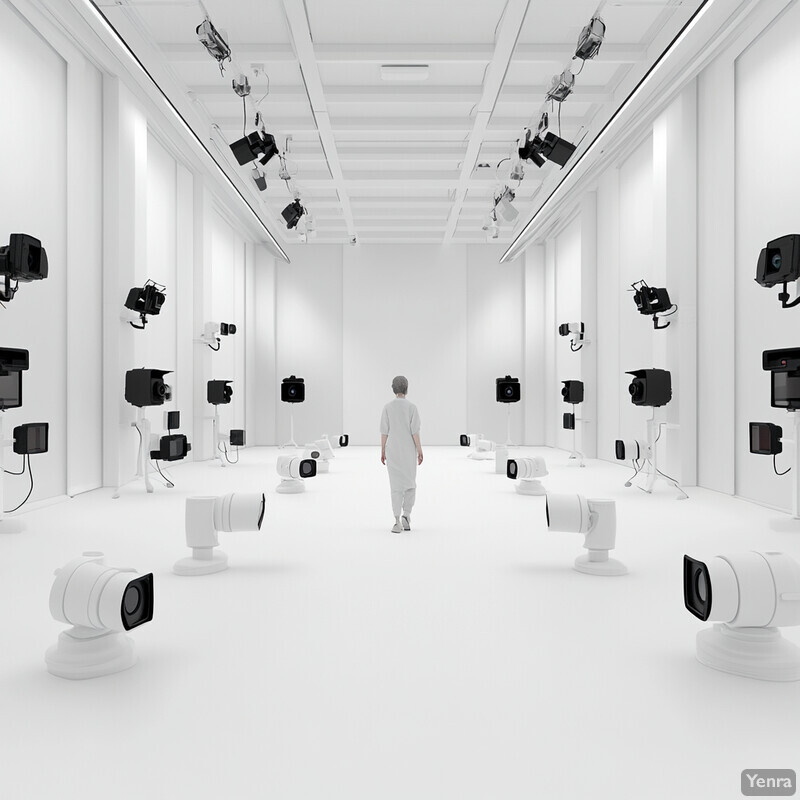 A man stands in a dimly lit room surrounded by multiple small black monitors.