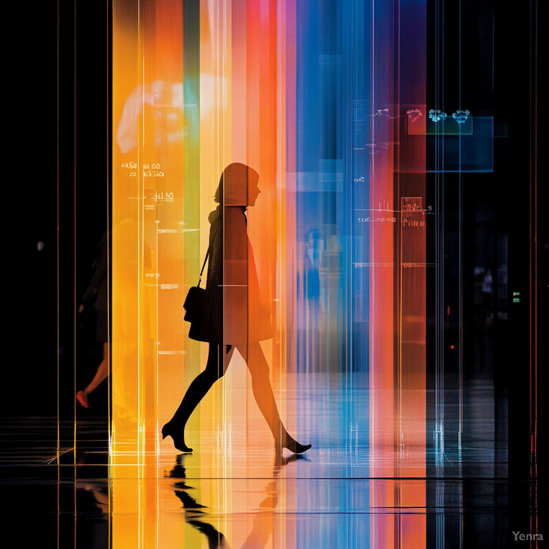 A woman walks through a colorful glass installation in an indoor setting.