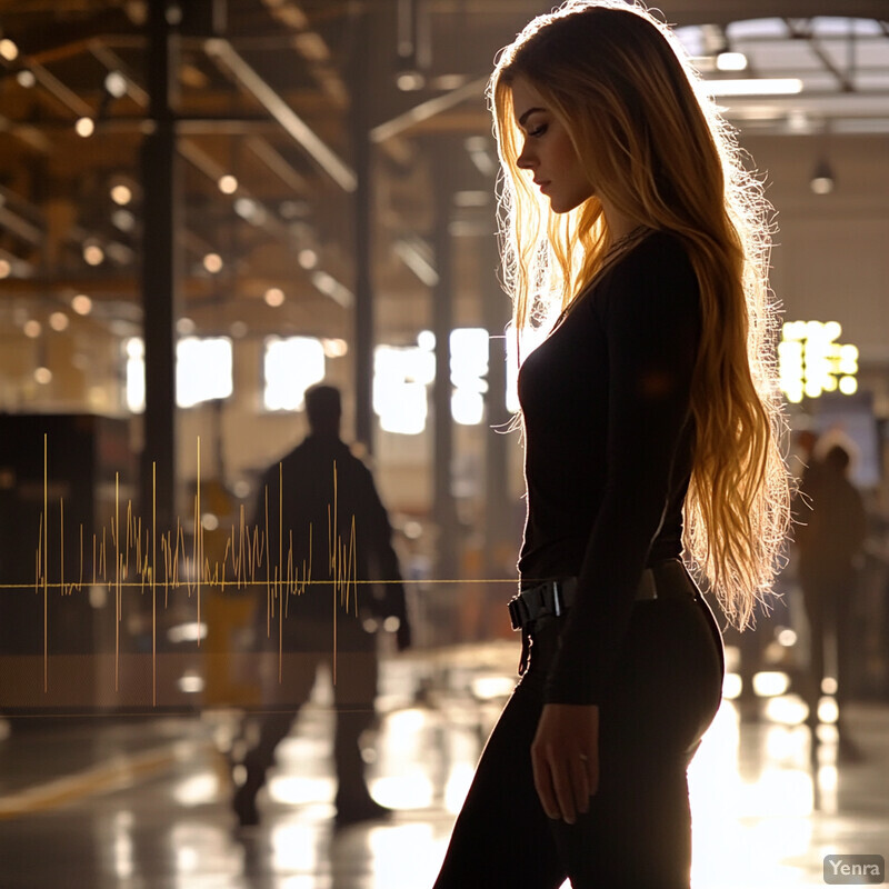 A woman stands in an industrial setting, surrounded by machines and equipment.