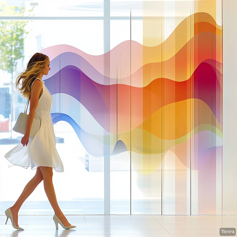 A woman walks in front of an elevator with colorful wavy lines on the glass walls and doors.