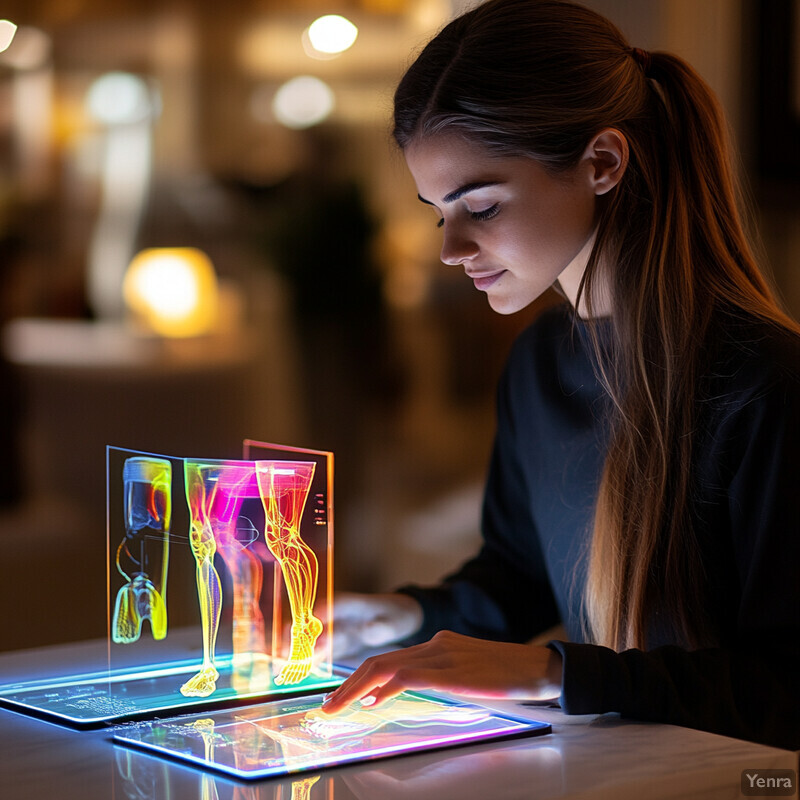 Woman examining augmented reality display on her tablet.