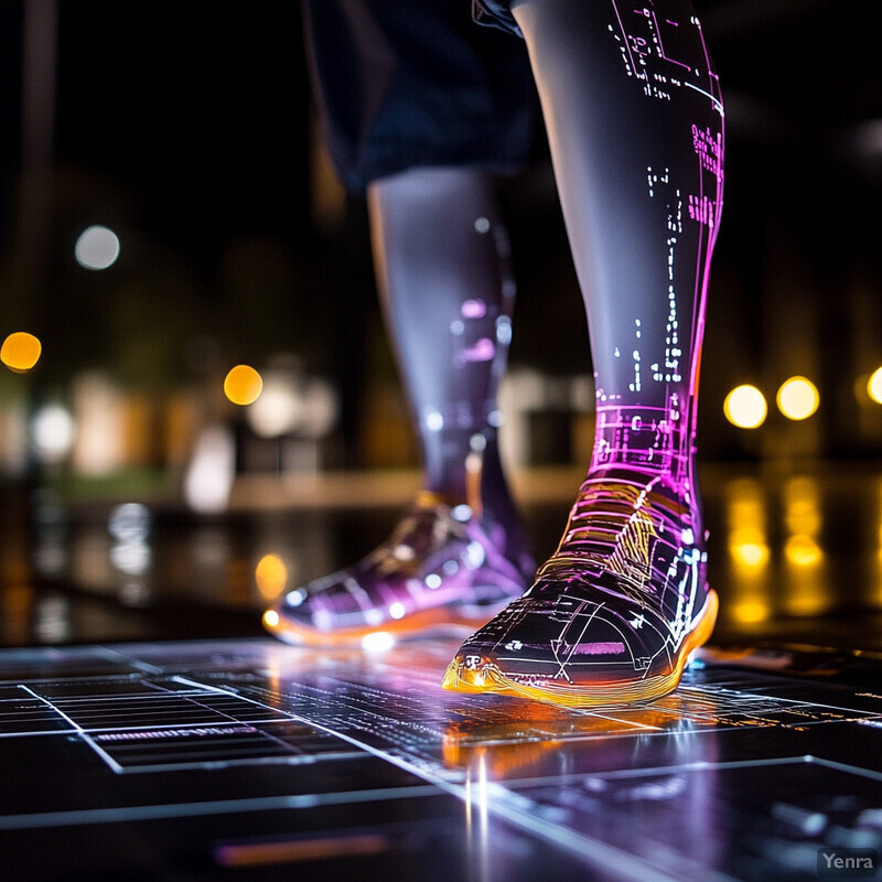 The image shows an individual wearing futuristic-looking prosthetic legs with a device attached to their waist.