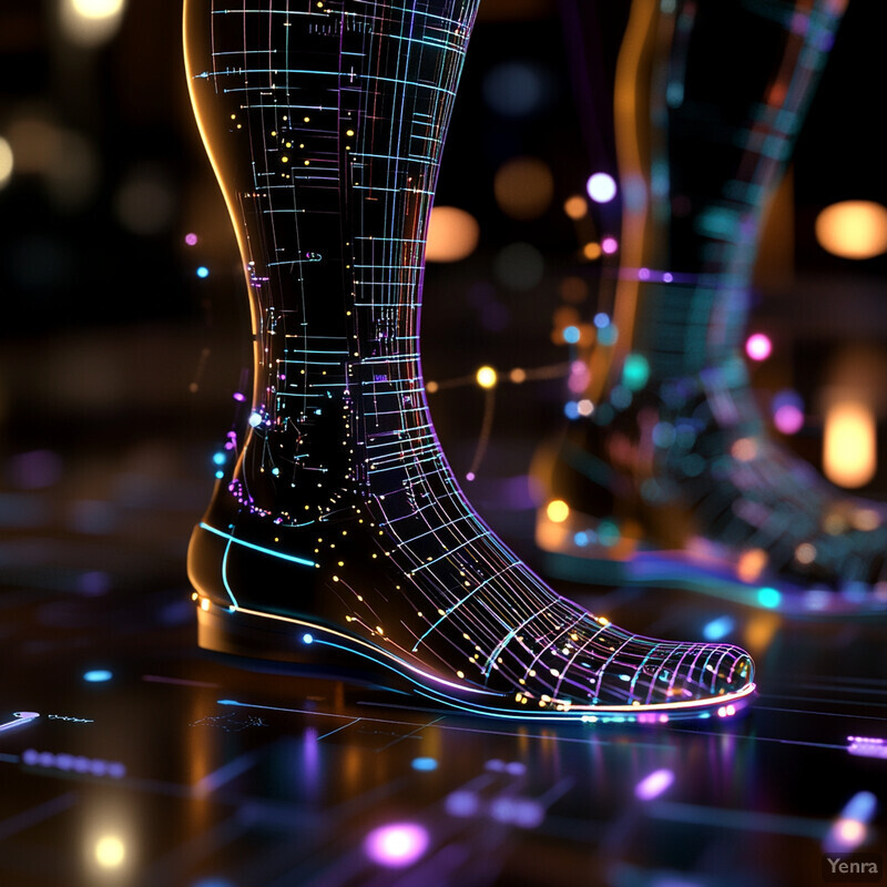 A futuristic scene showcasing a person's leg with a prosthetic limb covered in intricate circuitry patterns.