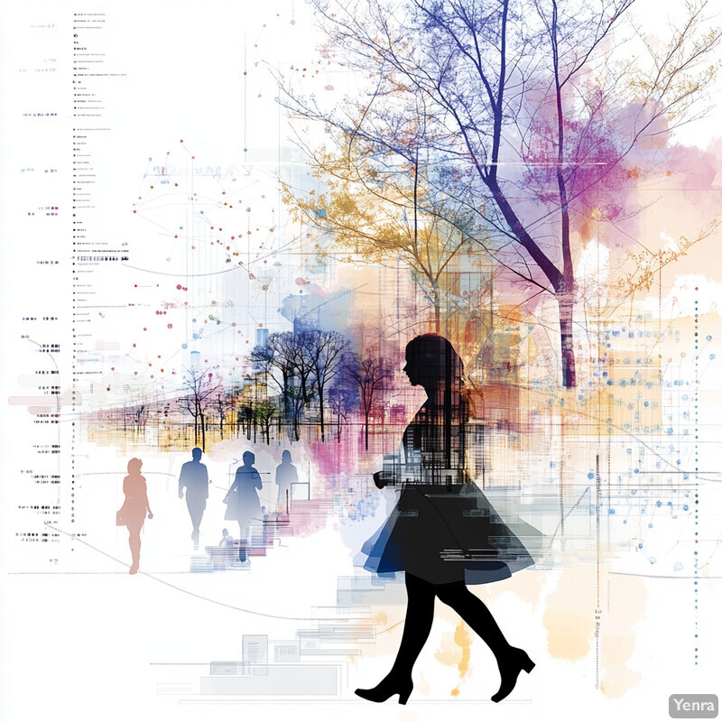 A complex visual representation of population-level insights and predictive modeling featuring a silhouette of a woman walking in front of a stylized map or graph overlaid with data points and trends.