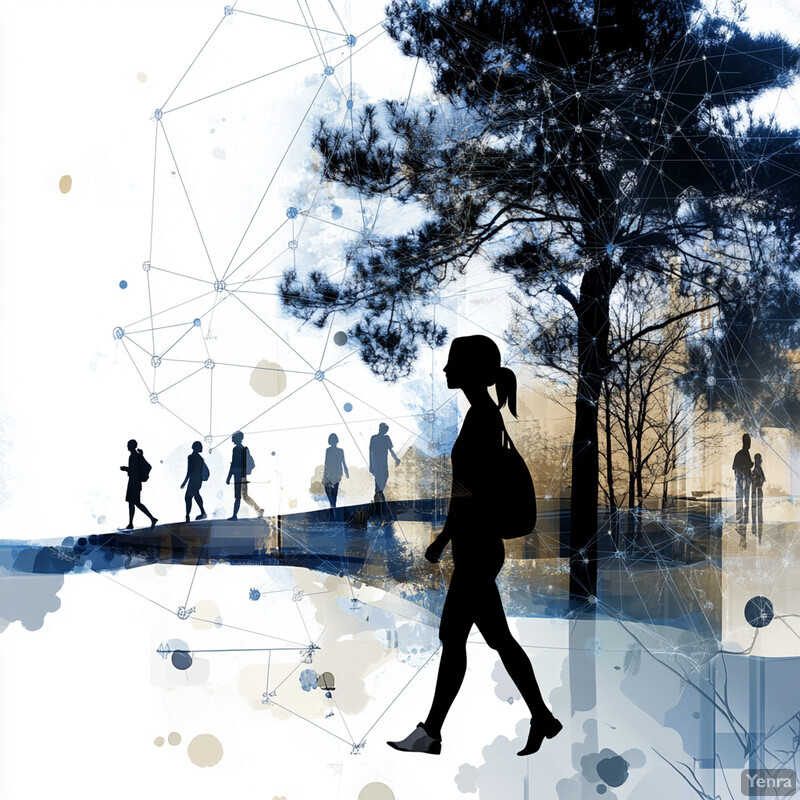 An abstract representation of individuals walking in nature, highlighting the connections between people and their environment.