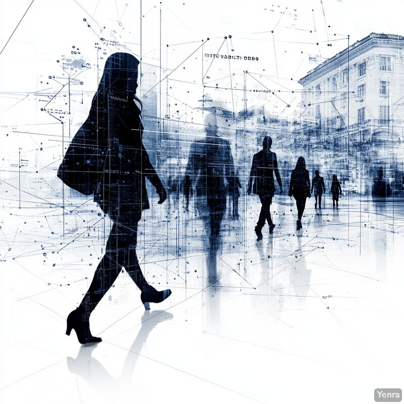 A city street scene with people walking in different directions, set against a white background with blue data visualization elements.