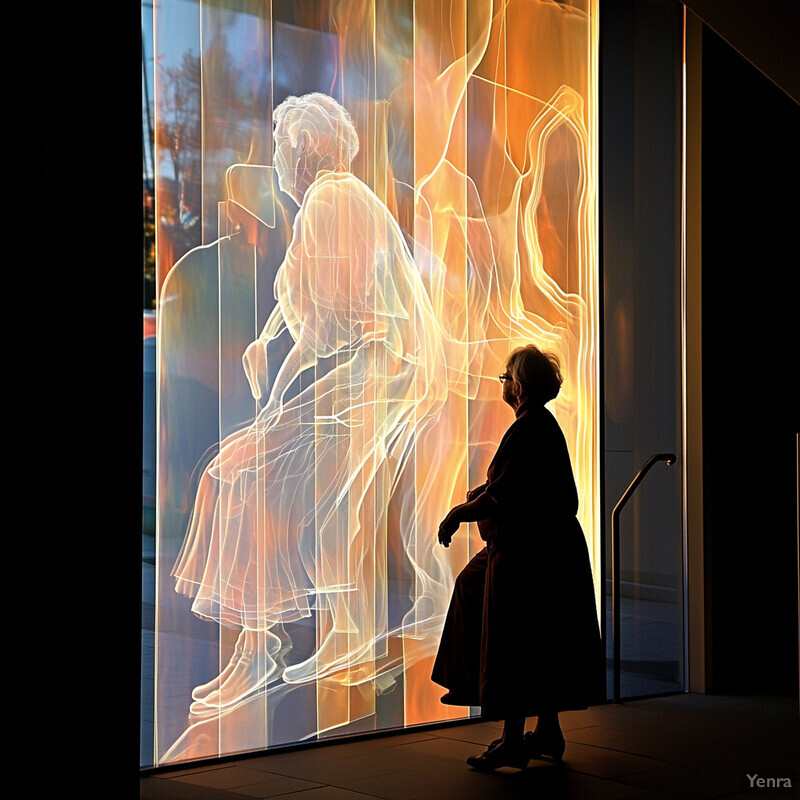 An elderly woman stands in front of a screen displaying a digital rendering of a person, conveying a message about fall prevention or health-related issues.