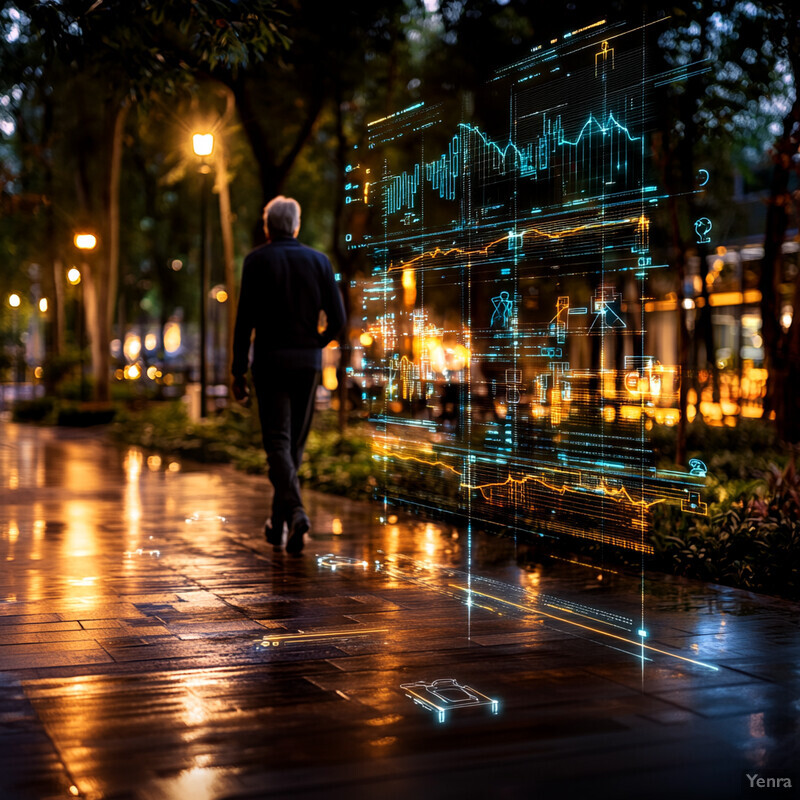 An elderly man uses a large screen to access data related to fall prevention in a park or garden at night.