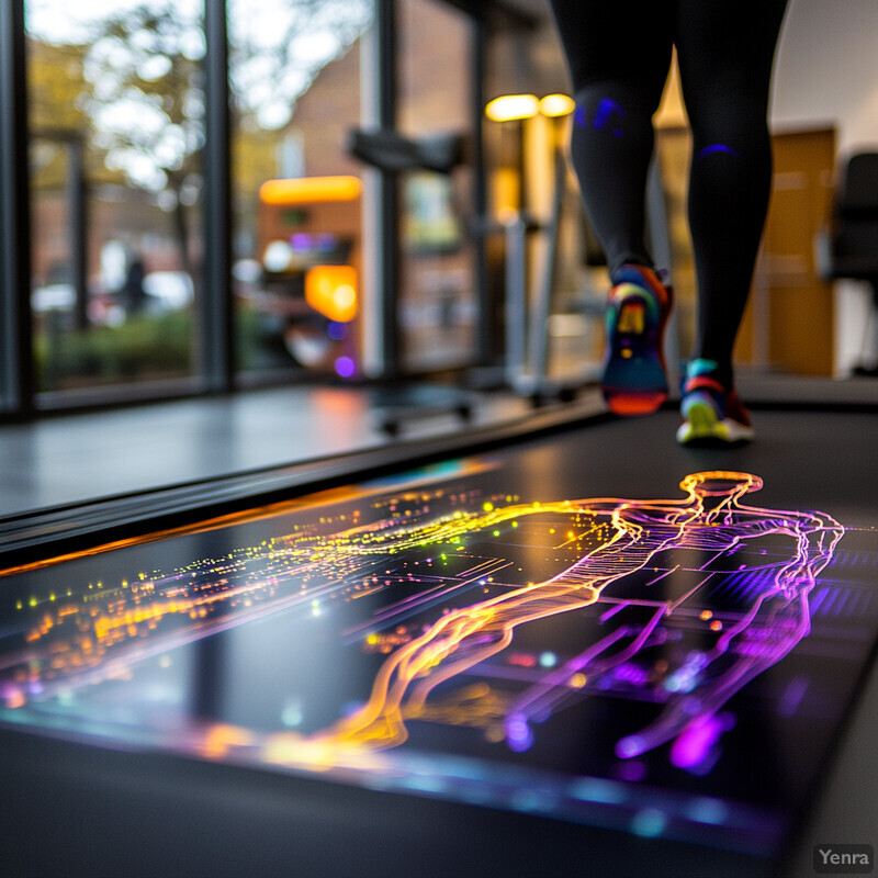 A person walks on a treadmill with an interactive screen that displays their progress and provides real-time feedback.