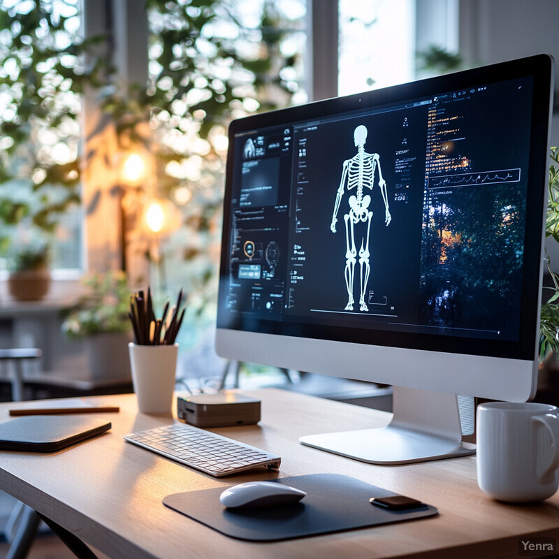 A computer monitor displaying an X-ray of a human skeleton on its screen, placed on a desk with various objects.