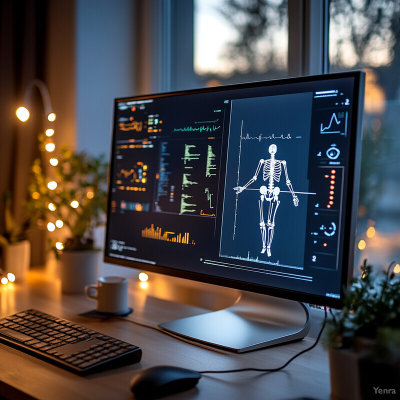 A computer monitor displaying a medical imaging software with a 3D rendering of a human body.