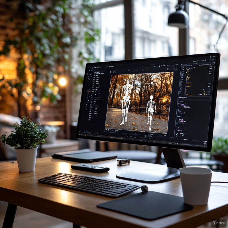 A computer monitor displaying two skeletons in an autumnal setting on a desk with keyboard and mousepad.