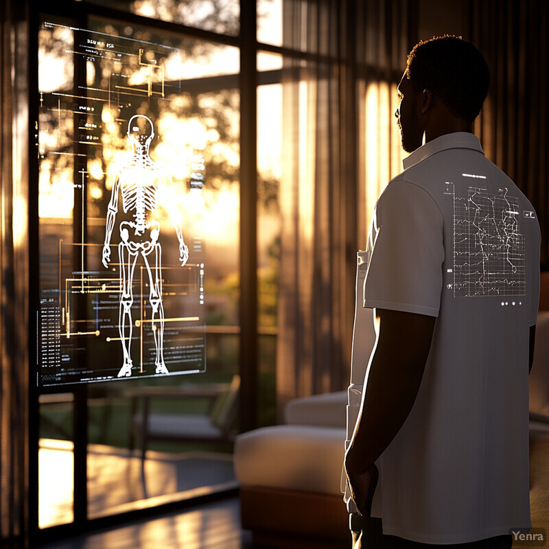 Man standing in front of a screen displaying a skeleton and map, likely for remote patient monitoring and telehealth.