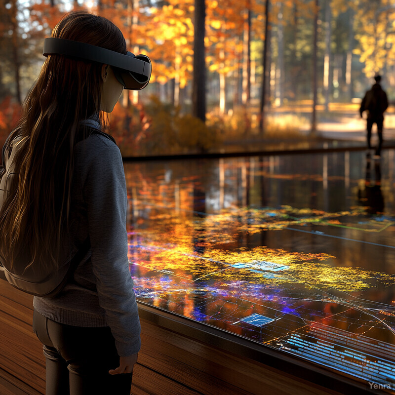 A woman wearing a VR headset stands in front of a large screen displaying a virtual landscape.