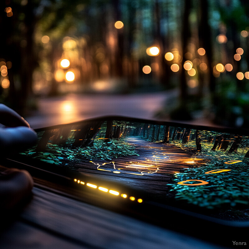 A hand holds a smartphone displaying a vibrant forest scene with a bridge over a river and twinkling lights.