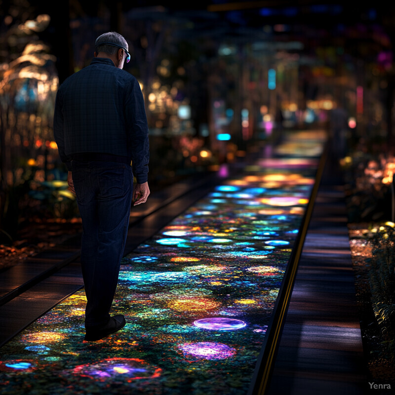 A man walks on a glass floor with colorful lights, wearing virtual reality goggles and enjoying an immersive experience.