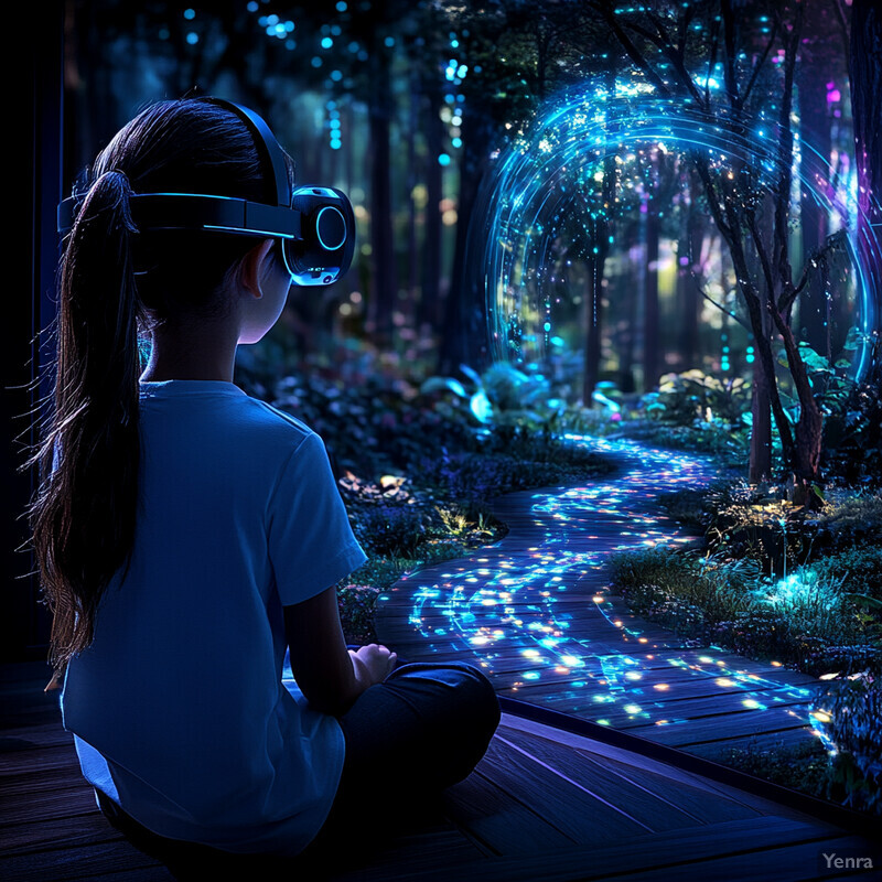 A young girl sits on a wooden platform in front of a forest, wearing virtual reality goggles and holding a controller. The image conveys a sense of enchantment and exploration, as if the girl has entered a magical world where anything is possible.