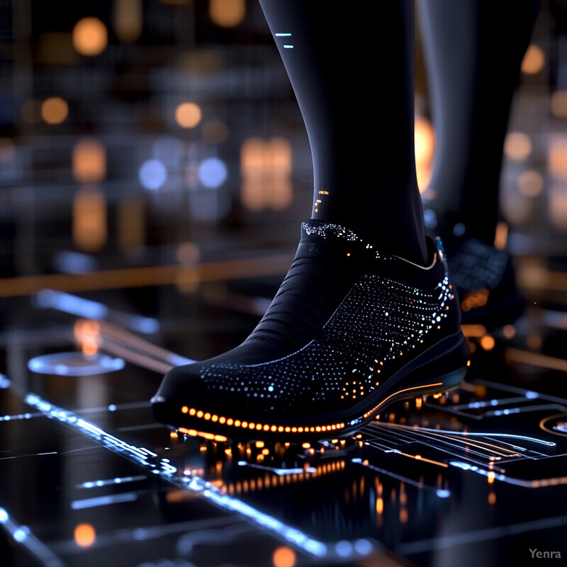 A pair of futuristic black shoes with glowing lights on the soles being worn in an urban setting.