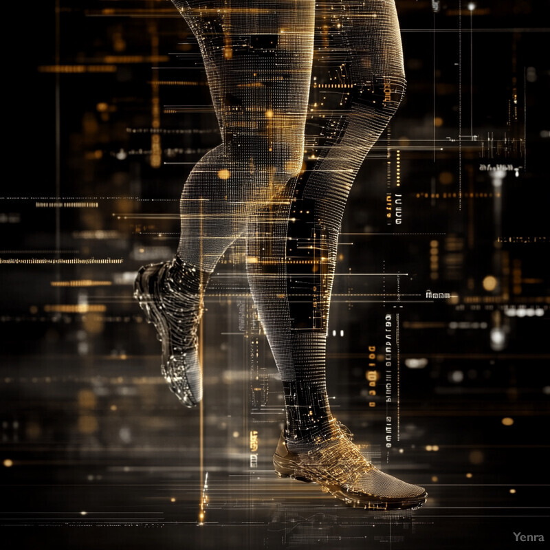 A person wearing sneakers and leggings is depicted in a futuristic setting.