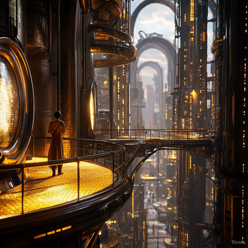 A woman stands on a platform in a futuristic city surrounded by large, circular structures.