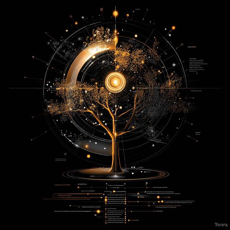 A striking visual representation of a tree with its roots and branches radiating from a central circle, set against a black background.