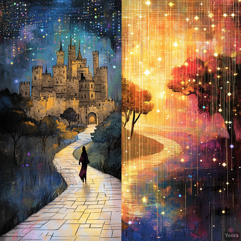 A woman walks towards a castle in two different settings: night with stars and day with a sunset.