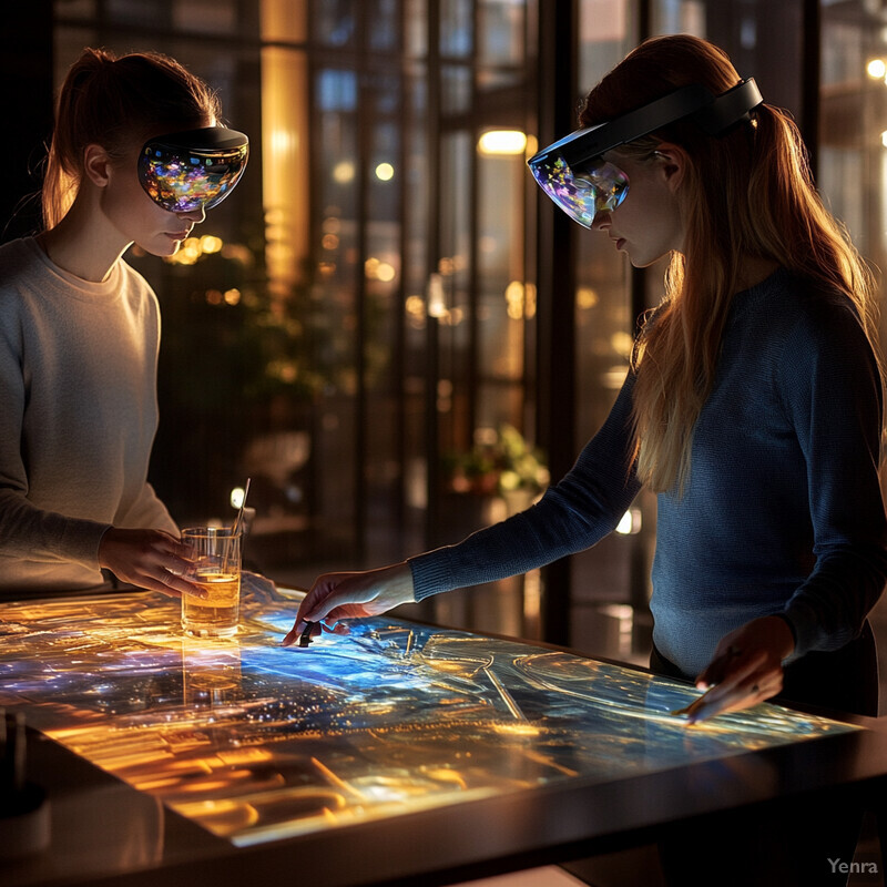 Two women interact with an interactive table using VR headsets in an office setting.