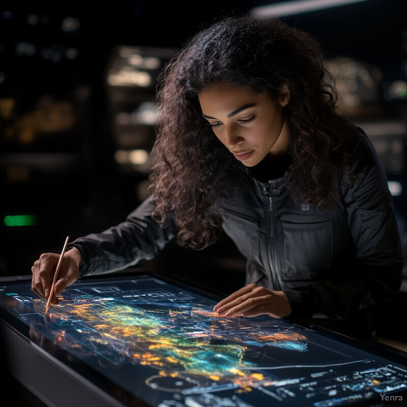 A young girl is intently focused on a colorful map or blueprint at an office desk.