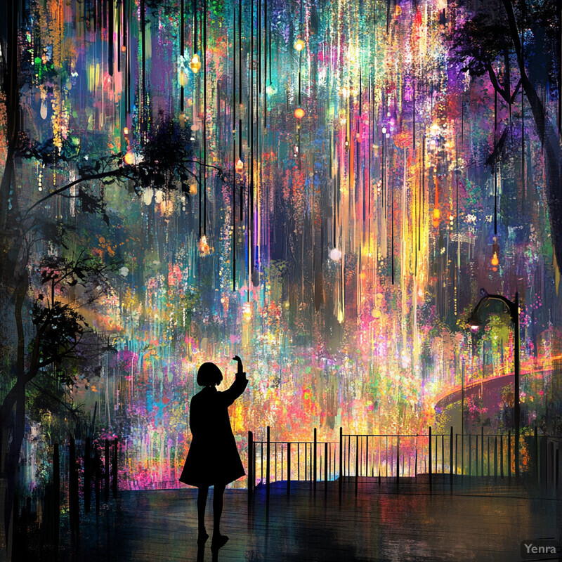 A woman stands on a bridge or walkway, gazing up at the sky filled with vibrant colors.