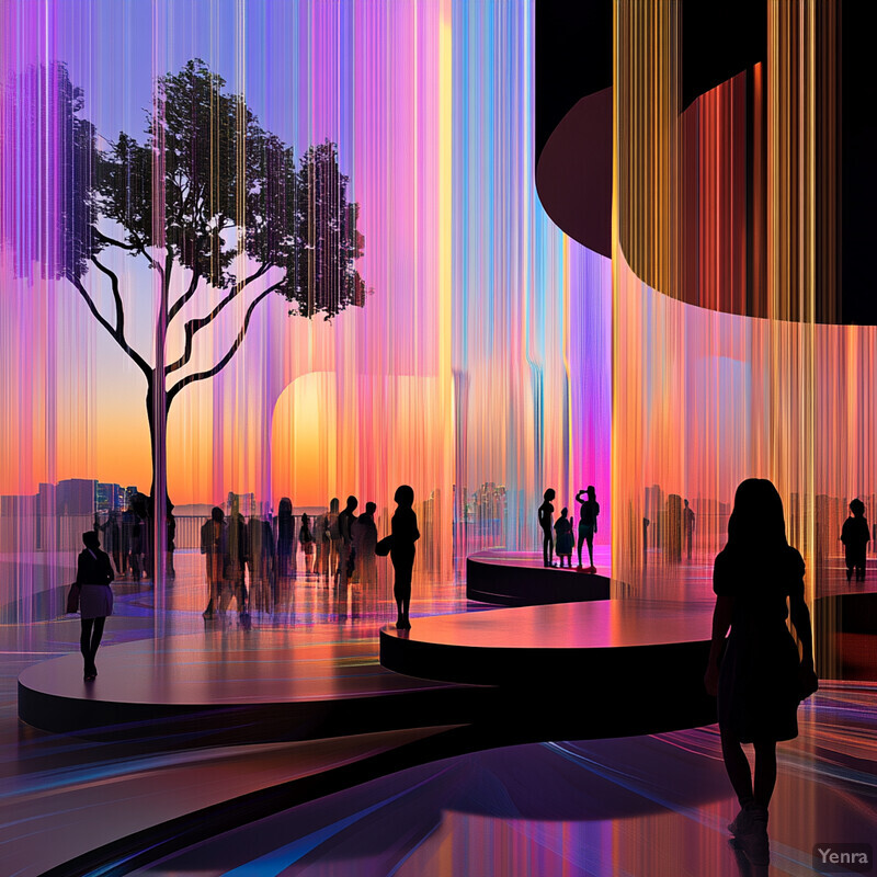 An art installation featuring a tree surrounded by vertical curtains of light and a cityscape in the background.