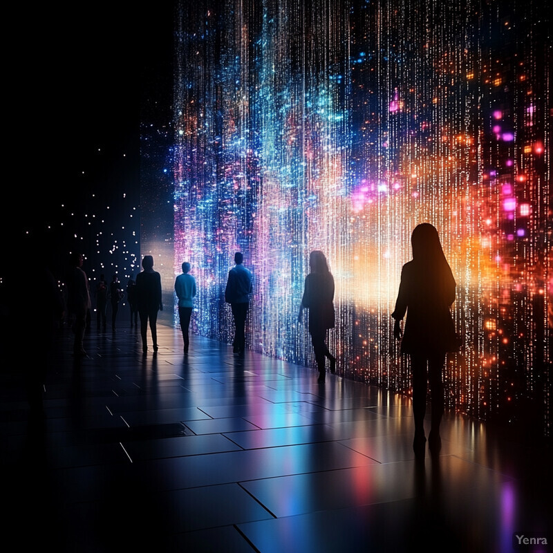 A group of people walk through a futuristic-looking room with a wall covered in strings of lights.