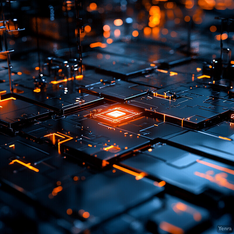 A 3D rendering of a computer motherboard with various components and wires visible.