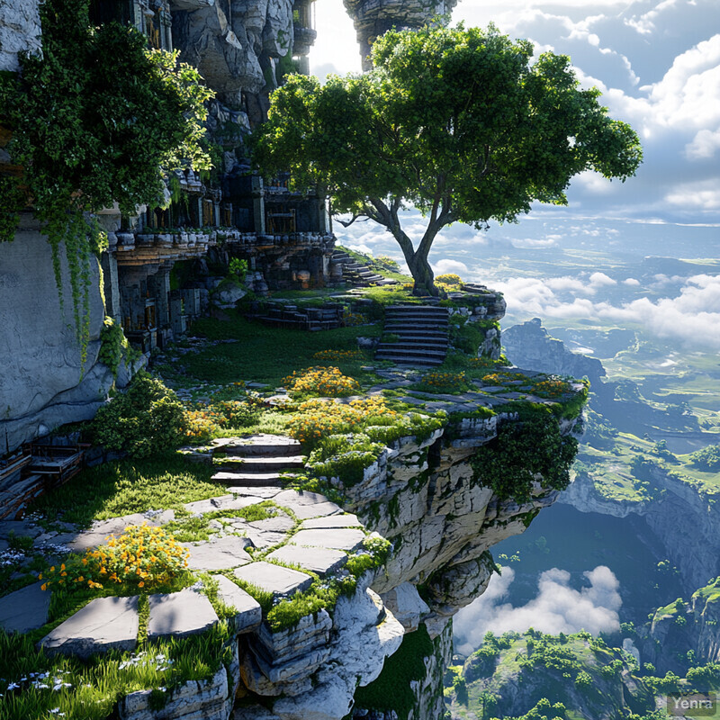 A serene cliffside scene with a tree and flowers, surrounded by lush greenery and white clouds.