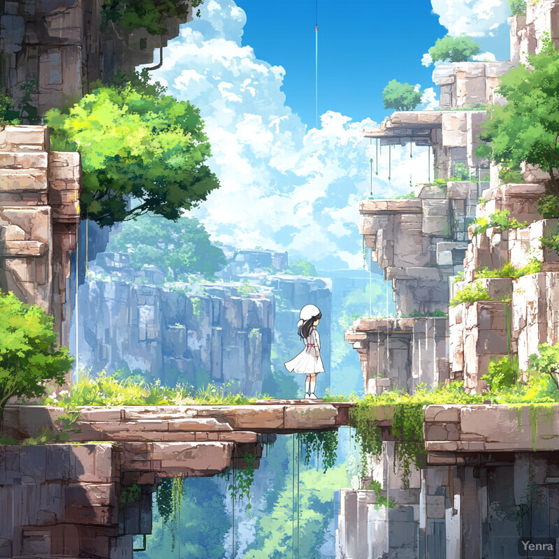 A young girl stands on a bridge surrounded by lush greenery and vibrant flowers, gazing out at the breathtaking view.